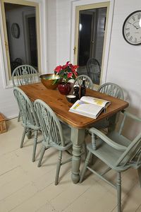 Dine in style with this gorgeous farmhouse dining set, hand painted in Annie Sloan Duck Egg Blue, lightly distressed and waxed. With six wheelback chairs (2 carvers), this is the perfect set for the family.