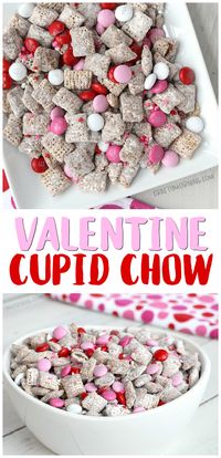 Make some adorable cupid chow for valentines day! A fun valentine puppy chow recipe to give as gifts or to put at a party. Valentine's day treats and dessert idea.