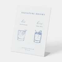 Minimalist wedding signature drinks, wedding sign. Features, French Royal Blue illustrations and typography.