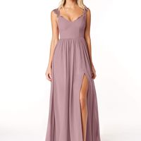 A-Line Sweetheart Lace Chiffon Floor Length Dress Color: Dusty Rose Silhouette : A-Line/Princess Straps & Sleeves : Sleeves Neckline : V-Neck Back Style : Back Zip Embellishment : Lace Features : Leg Slit Padding : Yes Boning : Yes