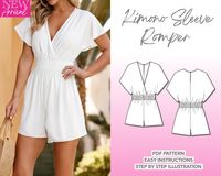 This kimono sleeve surplice romper sewing pattern is perfect for beginners and all sewing levels. The surplice front neckline detail, comfortable shirred waist detail, and kimono short sleeve design is included in this fun summer romper sewing pattern. The downloadable file package includes illustrated step by step sewing instructions, detailed tutorial, and helpful tips for you to easily complete the romper. The pattern includes 7 sizes for you to choose from: XS to XXXL The digital download PDF sewing pattern includes a layer option to only select your size or multiple sizes all at once. Each pattern is created so you can print at home or through a printshop. The purchase comes with 4 PDF files: A4 US Letter A0 Instruction Book includes fabric recommendations, pattern assembling, step by