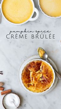 This pumpkin crème brûlée recipe is an elegant Fall twist on the classic custard. It’s an ultra-smooth, spiced custard that’s topped with a glassy layer of caramelized sugar. Swap out your traditional pumpkin pie for this delicious pumpkin crème brûlée– your friends and family will be obsessed.