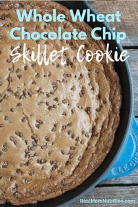 This Whole Wheat Chocolate Chip Skillet Cookie, made with whole wheat flour and oats, is a fun treat for dessert or snack time.