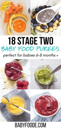 Moms, you need this collection of stage two baby food purees! Ideal for babies 6 to 8 months or older, these healthy homemade baby puree combinations are full of flavor, nutrients and are a fun way for baby to experience the wonderful world of food! #babies #babyfood