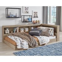 This bed frame creates the ideal cozy spot in your little one's coastal farmhouse bedroom. Its frame highlights the organic grain pattern and color variation. The space-saving design features four built-in shelves great for favorite books, cherished stuffed animals, and special trinkets. We love that the floor height means it's super easy for kids to get in and out themselves, safely. Sand & Stable™ Size: Twin, Bed Frame Color: Natural Color | Sand & Stable™ Teddy Standard Bed w / Bookcase 28.0