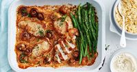 Pork stroganoff tray bake