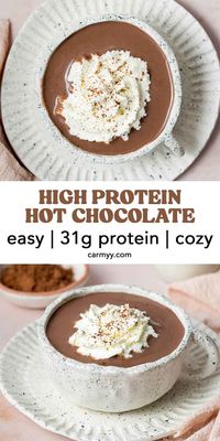 With 31 grams of protein per cup, cozy up to a mug of my protein hot chocolate! Rich and creamy, this hot chocolate with protein comes together in 5 minutes! It’s the perfect drink for a chilly day. ​ ​Need to hit your protein goal for the day and want a sweet treat? This protein hot chocolate will check all the boxes!