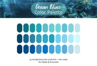 INSTANT DOWNLOAD:  Ocean Blues Digital Color Palette for Procreate and Adobe Suite Programs  Inspired by the tranquil hues of the sea, the Ocean Blues Color Palette offers a spectrum of calming blues and teals to bring a touch of serenity to your digital creations. Dive into creativity and let these soothing tones inspire your next project. This digital color palette includes 30 handpicked colors that will help you keep colors organized and allow you to jump right into your creative projects wit