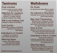 SPD Tantrum versus Sensory Meltdown  I get asked often how do you know the difference. My go to answer is  you can't bribe away a  Meltdown ....this chart is much more sophisticated but kind of the same.  I used to say "her eyes glaze over" ....that's a huge warning sign for us