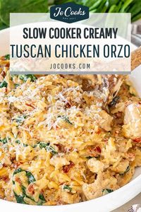 Whip up this heavenly Slow Cooker Creamy Tuscan Chicken Orzo for a no-fuss, flavor-packed dinner! #EasyDinnerIdeas #SlowCookerRecipes 🍲👩‍🍳