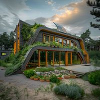 Experience the beauty of sustainable living with this Scandinavian Earthship. Featuring a unique, green-covered roof and expansive glass walls, this eco-friendly home blends seamlessly with its forest surroundings. The curvilinear design enhances energy efficiency, while the large windows flood the interior with natural light, creating a serene and stylish living space. Embrace the future of eco-conscious living in this modern Earthship that harmonizes design and nature.