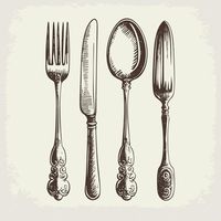 Premium Vector | A realistic handdrawn vector illustration sketch of a cutlery set including a fork spoon and knife arranged as a table setting