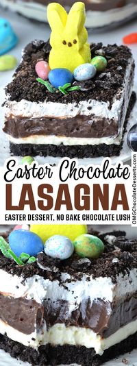 Fun and cute Peeps Easter garden on top of this Easter Chocolate Lasagna. #easter #desserts #chocolate #oreo