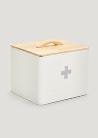 White Medical Tin With Wooden Lid (13.5cm x 15.5cm x 18cm) - Matalan