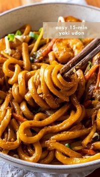 Yaki Udon is a simple one-pan meal loaded with vegetables, mushrooms, and your choice of protein coated in an incredibly flavorful sauce that will have you craving for more. This recipe calls for simple ingredients to make the best stir fried udon noodles in just 15 minutes! #easyrecipe #stirfry #quickdinner