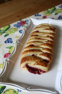 Raspberry Rhubarb Strudel- stew fruit and arrange as shown on puff pastry sheet..