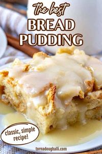 When it comes to delicious and easy recipes this bread pudding from Tornadough Alli is the BEST! Filled with cinnamon and nutmeg this makes the perfect breakfast or dessert recipe. The sauce over the top is incredible!