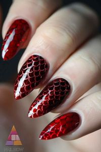 Dive into the deep with these mesmerizing red nails showcasing an intricate scale design. These unique and bold nails are perfect for making a statement. Find more dazzling nail art at nailhow.com and save this pin for your next nail inspiration!