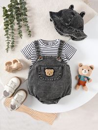 Black  Collar   Animal,Cartoon,Striped  Embellished Non-Stretch  Baby Boys Clothing