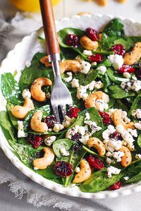 Cranberry Spinach Salad with Cashews and Goat Cheese with Lemon-Honey Poppy Seed Dressing