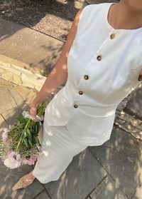 Linen waistcoat, front button vest, matching set, white midi skirt, ootd, spring fashion, spring outfit, summer fashion, outfit inspo, fashion inspiration, pointed toe mules, chic style, classic fashion