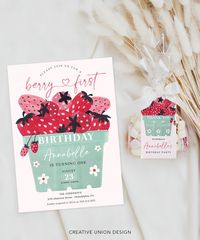 Berry 1st Birthday Invitation with Tag Template, Girl Birthday Invite, Download, Berry Sweet Birthday, Birthday Party Bundle, Strawberry