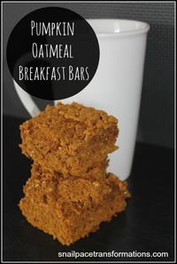 Pumpkin Oatmeal Breakfast Bars: A great filling on the go breakfast for those rushed mornings. Also make a good afternoon snack. Freezer friendly.