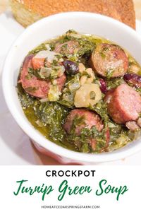 An easy and delicious Crockpot Turnip Green Soup that is a southern favorite. This soup is loaded with greens, beans, and smoked sausage. Perfect for winter meals and busy weekdays. #soup #turnipgreensoup #sausagesoup #turnipgreensandsausagesoup