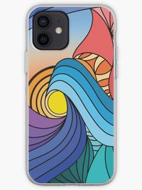 A soft iPhone case depicting a stylized sunset over the ocean with a large wave in bands of blues, greens and purples, and a sky of yellows, oranges, reds, and blues. Joyfully created in Procreate.