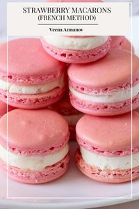 Strawberry French Macarons - These strawberry French macarons are light meringue-based cookies that will melt in your mouth. Soft chewy on the inside with a crisp shell on the outside. This simple, easy and effortless recipe with my full proof method will guarantee you success over and over again. Made with almond meal and strawberry flavor these are filled with Swiss meringue buttercream and strawberry jam today. #strawberry #French #macarons #macaron #jam #Swiss-merinuge-buttercream