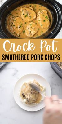 Try this easy crock pot smothered pork chops. This is one of my favorite pork crock pot recipes that is simple to make too. These crock pot creamy pork chops are easy to make with simple ingredients. Everyone love these smothered pork chops recipe. #eatingonadime #crockpotrecipes #slowcookerrecipes #porkrecipes