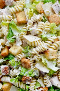 Whip up a 20-minute meal in-a-bowl with a refreshing recipe for Chicken Caesar Pasta Salad starring DIY dressing. justataste.com #recipes #chickencaesar #pastasalad #picnicfoodideas #20minuterecipe #food #justatasterecipes