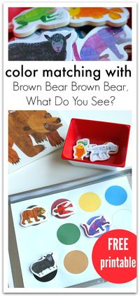 Color matching activity for Brown Bear Brown Bear What Do You See? This FREE printable color matching mat promotes storytelling and color recognition.