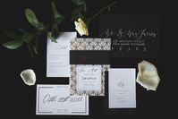 Pine knob mansion wedding! Inspired by a modern Gatsby soiree! Modern Gatsby wedding invitation suite with gold foil, custom calligraphy, and black envelopes with white calligraphy!