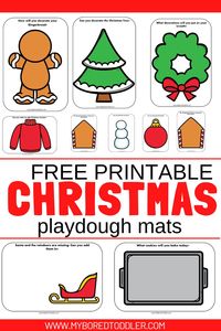 free printable Christmas themed playdough mats for toddler christmas - christmas tree - wreath - gingerbread man - ugly sweater.