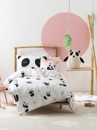 Linen House, Hiccups for Kids. Bamboozled Quilt Cover Set. This mega-sweet bed linen design features super-cuddly pandas relaxing in a bamboo forest. Teamed with a panda face pillowcase, the quilt reverses to a spotty print and is finished with black cord piping for contrast. Kids doona covers, kids quilt covers, girls quilt covers, girls bedding, colourful kids bedding, themed kids bedding, childrens bedding, kids bedroom ideas, fun kids bedding LINENHOUSE.COM Creative kids bedding