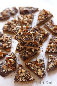 Traditional homemade English toffee, with brown sugar and a shot of whiskey to intensify the flavor. Topped with chocolate and toasted almonds and pecans, this is one addictive treat.