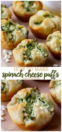 These puff pastry appetizers are filled with all the good stuff, including spinach, bacon bits and feta. As you can imagine, they are a hit at parties, and rightfully so! #spinachpuffs #cheesyspinachpuffs #spinach #appetizers #puffpastry