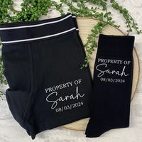 Gift for the Groom to be on the morning of your wedding. Perfect cute gift for him. Property of the new bride, Boxer shorts are personalised with your new name to be and wedding date. Comes complete with a Groom Gift Bag (if you select this option). Boxers are available in sizes S - XXL Size (cm): S - 34 M - 36 L - 38 XL - 40 XXL - 42 Height (cm): S - 22 M - 23 L - 24 XL - 25 XXL - 26 * Please note some customers have said the boxers do come up small and they recommend that you order a size larger than indicated in the size chart. However, we recommend that you measure the boxers you have at home and compare to the sizing we have provided as above. everyone is a different build so whilst sizing up might be the right choice for some, for others it may fit just fine * Machine washable at 40