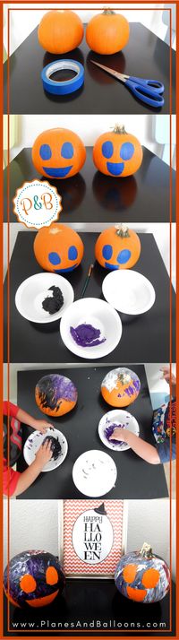 How cute! Toddler pumpkin painting for easy Halloween pumpkin ideas for kids to make. Fingerpainting at its best! Plus a free printable Halloween printable sign.