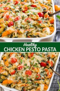 Rich and creamy Chicken Pesto Pasta Bake lightened up with everyday ingredients! It's full of fresh, bright flavors and loaded with veggies like spinach and tomatoes. Greek yogurt and whole wheat pasta keep this healthy pasta on the lighter side. Your whole family will love it! #healthyrecipes #healthypasta #healthydinners #wellplated #pesto via @wellplated