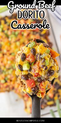 Layers of crunchy Nacho Cheese Doritos, taco seasoned ground beef, gooey cheese, and yummy veggies make this easy doritos casserole an instant hit with the family! It can be assembled ahead - perfect for weeknight dinners!