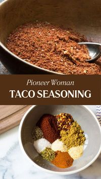 Pioneer Woman Taco Seasoning is made with chili powder, ground cumin, paprika, crushed red pepper, salt, garlic powder, onion powder, dried oregano, and black pepper. This simple Taco Seasoning recipe creates a versatile spice blend that takes about 2 minutes to prepare and gives you about 2 tablespoons of seasoning.