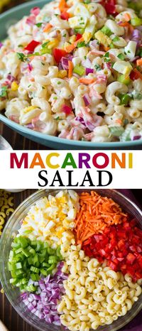 Homemade Macaroni Salad - best macaroni salad! Delicious comfort food! Tender macaroni is tossed with colorful veggies and covered in a rich and creamy dressing. #macaroni #salad #saladrecipe #summerrecipe #potluck #sidedish #pastasalad #pasta #cookingclassy