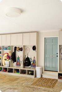 Garage Organization and a few Favorite Paint Colors~ Doors: Benjamin Moore Grenada Villa Below chair rail + cabinets: Benjamin Moore Revere Pewter Above chair rail: Benjamin Moore Pale Oak  Trim:Benjamin Moore White Dove