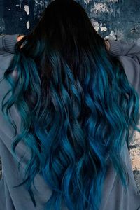 Long Wavy Layered Black Hair Teal Highlights