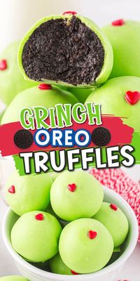 Grinch Christmas Truffles are easy-to-make Oreo balls that upgrade the classic sandwich cookie into an indulgent candy-coated confection with only 5 ingredients. This no-bake Oreo truffle recipe resembles a bite-sized cheesecake but is prepared simply with a crushed cookie and cream cheese center that’s covered in Grinch-green almond bark and adorned with a red heart.