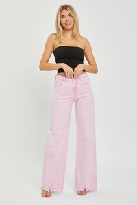 Pink Acid Wash High Rise Wide Leg Jeans: Fabric Contents: 98%cotton, 2%spandex - Rise 10" | Inseam 32'5" in size 3/26 - Model Info: Height 5'8" | Waist 24" | Hips 34"