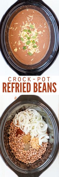 Crock pot refried beans shows how to make refried beans from scratch that taste authentic. Use dry or canned beans, or make refried black beans! :: DontWastetheCrumbs.com