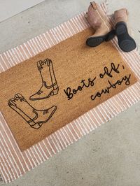 Boots off cowboy! I love this design and think it is the perfect welcome mat for the ranch.  The doormats are 100% coir with a sturdy rubber backing. I handpaint and seal the mats for protection. The doormats are 18x30". Normal Processing orders will ship within 3-7 days with 2-5 day ground advantage shipping.  If you need your order rushed, please select rush in the drop down menu. Your mat will ship next business day and will be shipped priority mail. Each mat is unique. Fibers may be thicker